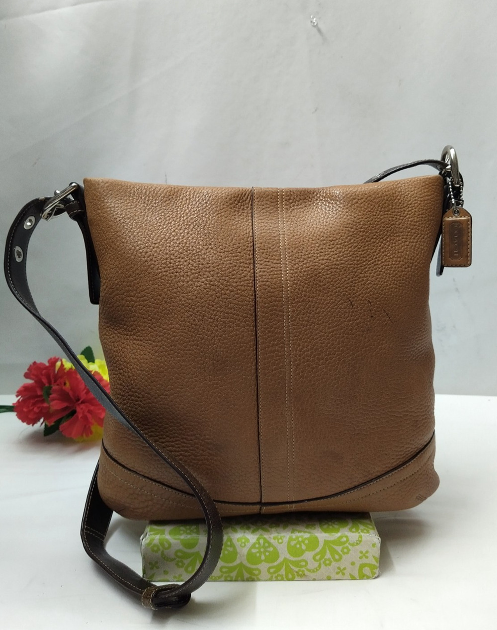 Coach Brown Pebbled Leather Zipper Closure Crossbody Bag
